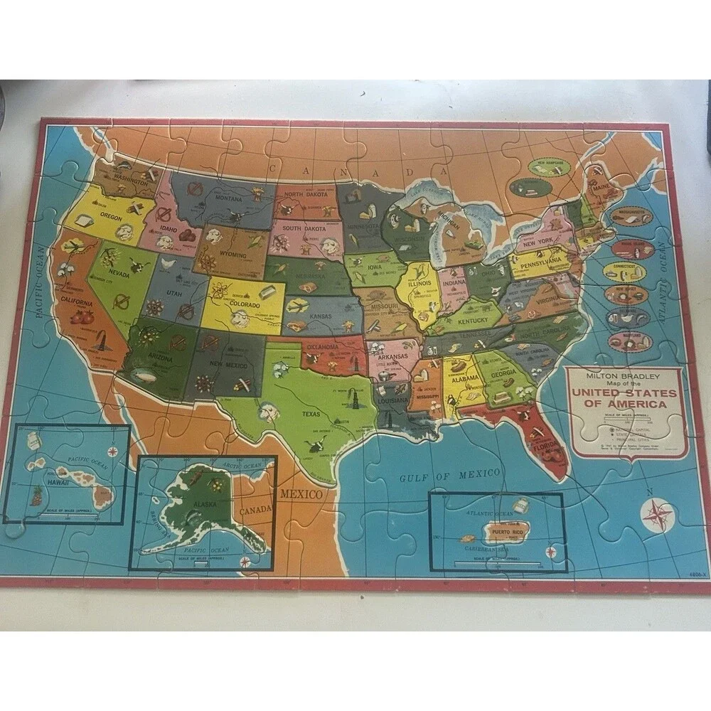 VTG Milton Bradley United States Authentic Map Puzzle 1961 Hawaii Alaska 2-Sided